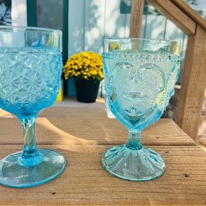 Pair Of Vintage Aqua Blue Glass Goblets